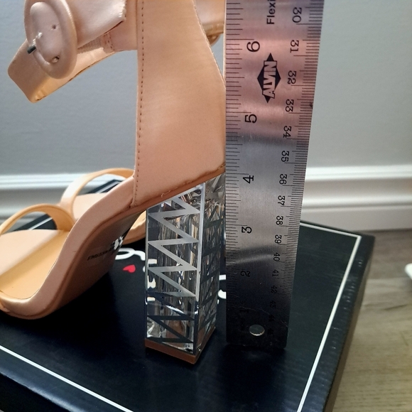 Qupid | lt champagne satin ~ clear chunk high heel with ankle buckle - Picture 7 of 9